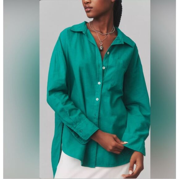 Maeve By Anthropologie Bennet Button-up Shirt Women's MP Green Linen Cotton Top - Picture 1 of 16